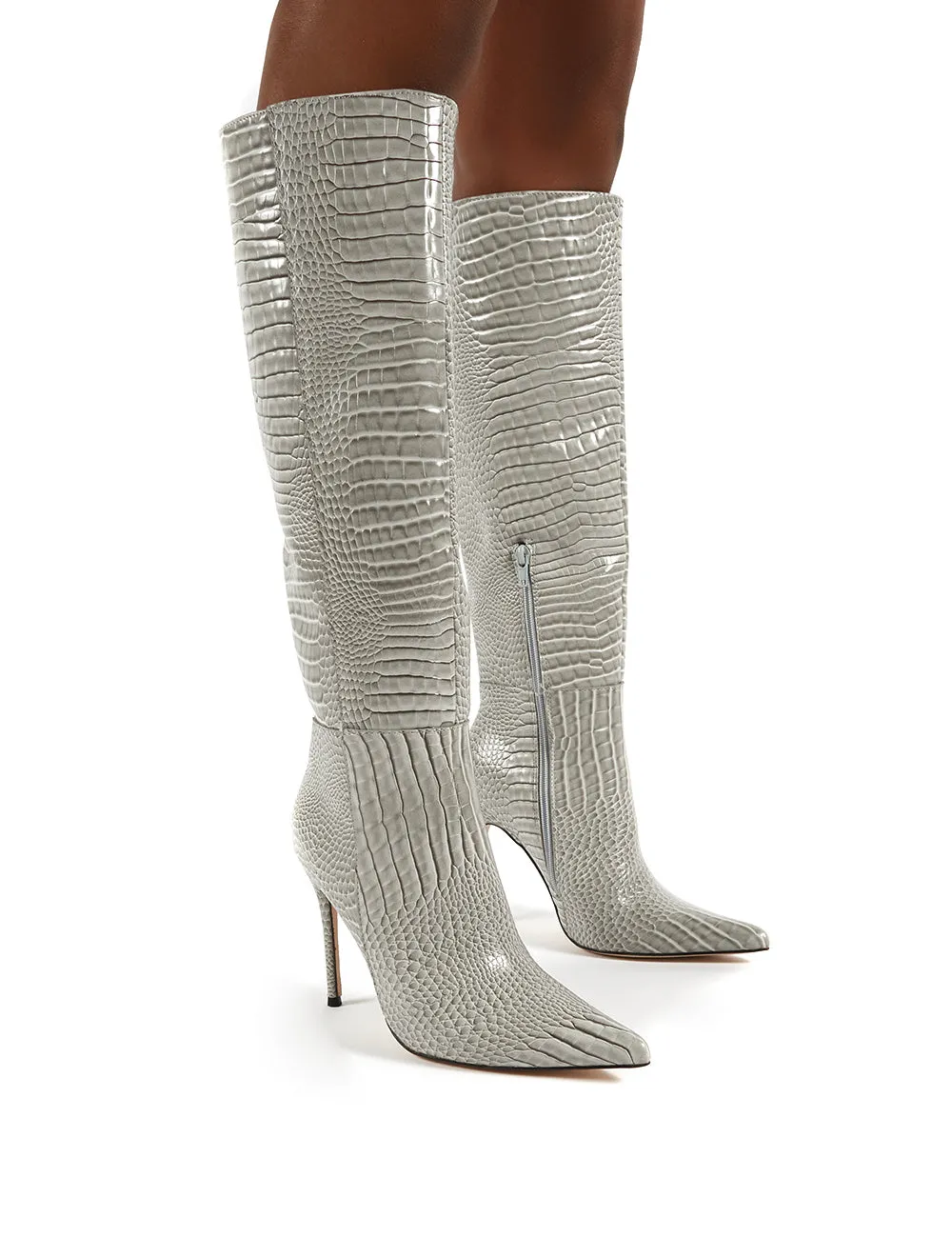 Aimi Grey Croc Knee High Stiletto Heel Boots