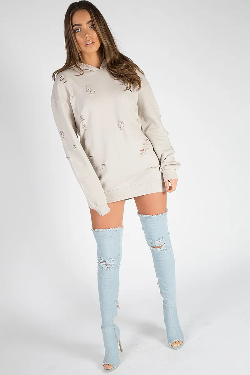 Beige Distressed Oversized Hoodie - Khloe