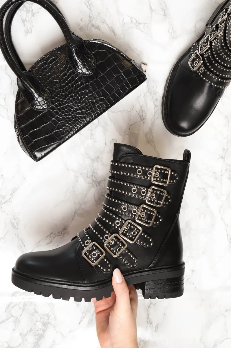 Black Faux Leather Stud Buckle Strap Ankle Boots - Lelani