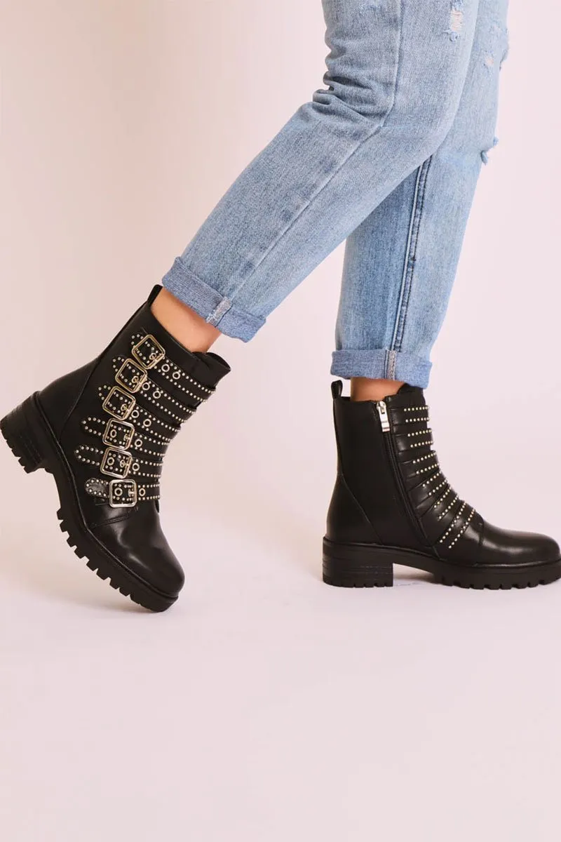 Black Faux Leather Stud Buckle Strap Ankle Boots - Lelani