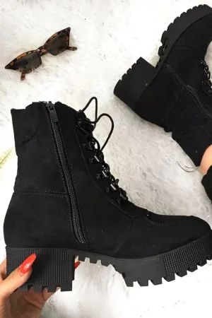 Black Faux Suede Lace Up Army Boots - Shadyn