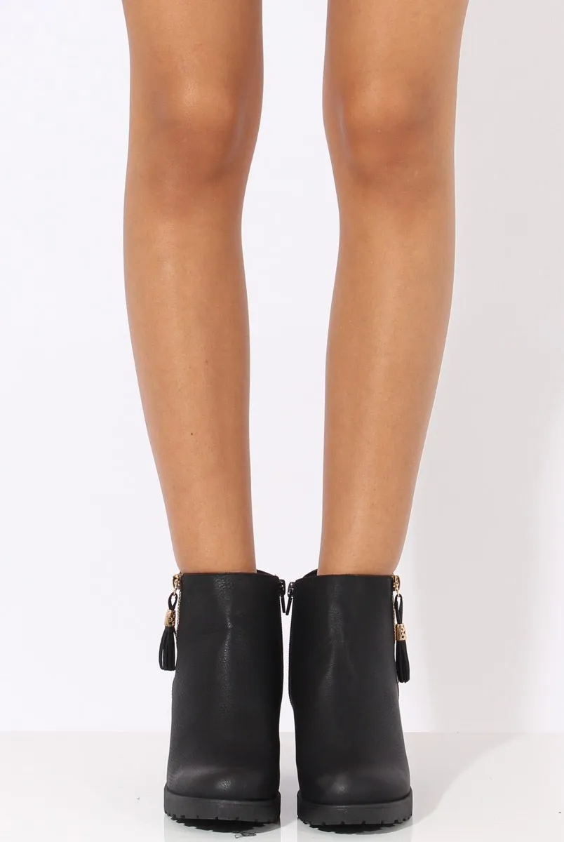 Black PU Zip Detail Ankle Heeled Boots - Casey