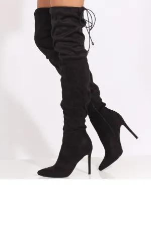 Black Suede Over the Knee Drawstring Stiletto Boots - Avery