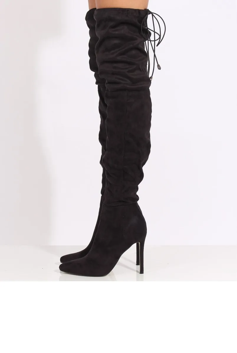 Black Suede Over the Knee Drawstring Stiletto Boots - Avery