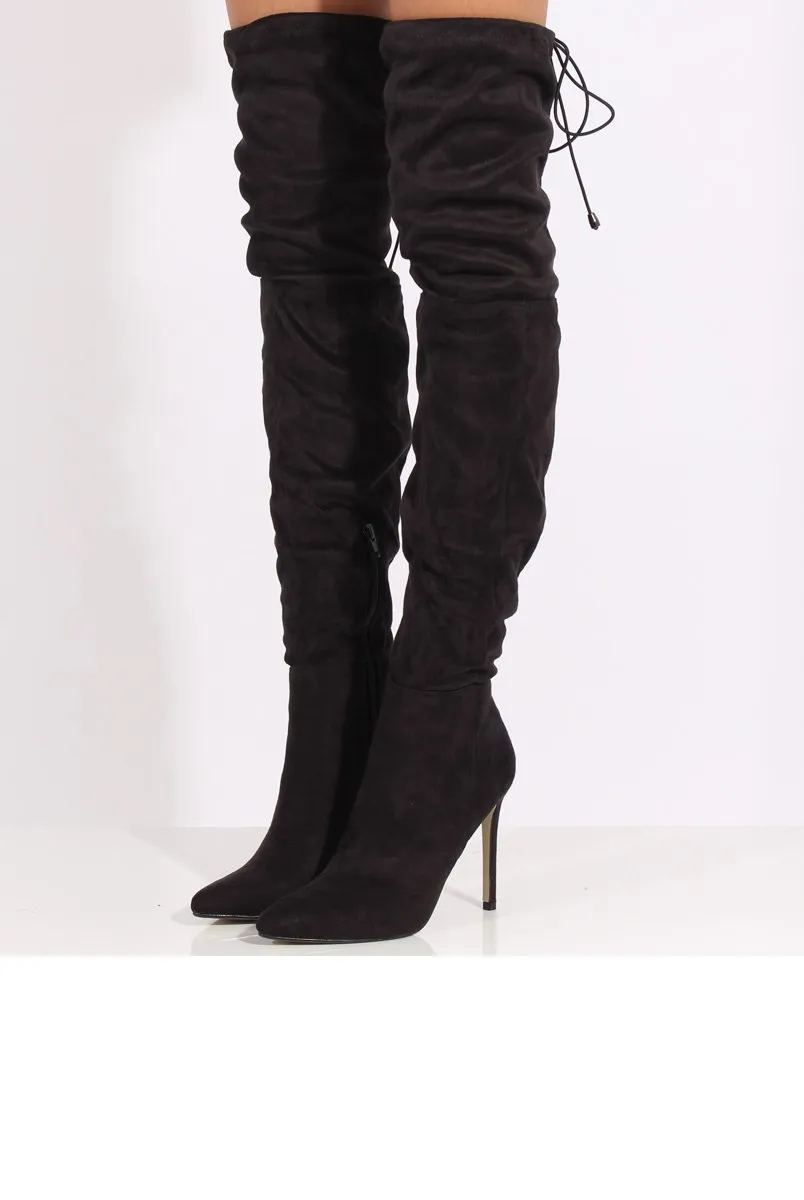 Black Suede Over the Knee Drawstring Stiletto Boots - Avery