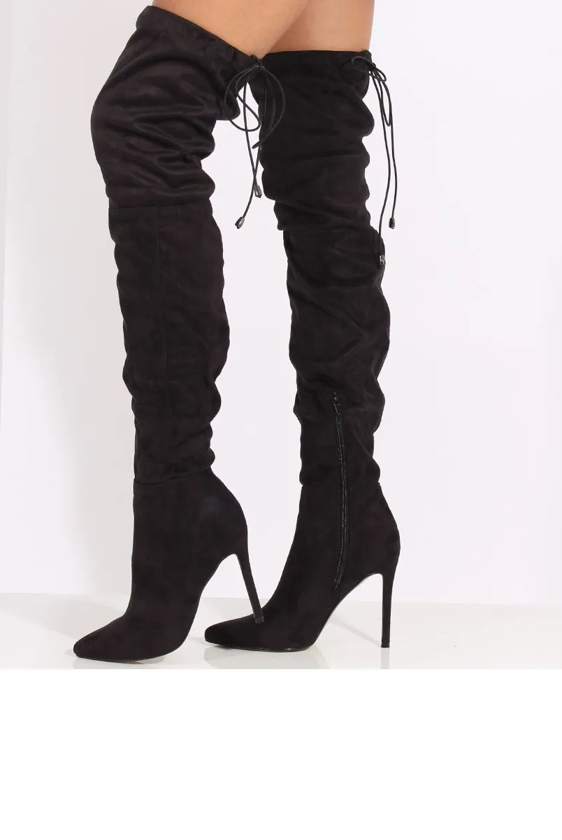 Black Suede Over the Knee Drawstring Stiletto Boots - Avery