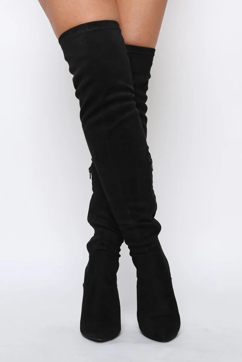 Black Suede Stiletto Heel Over The Knee Boots - Kaira