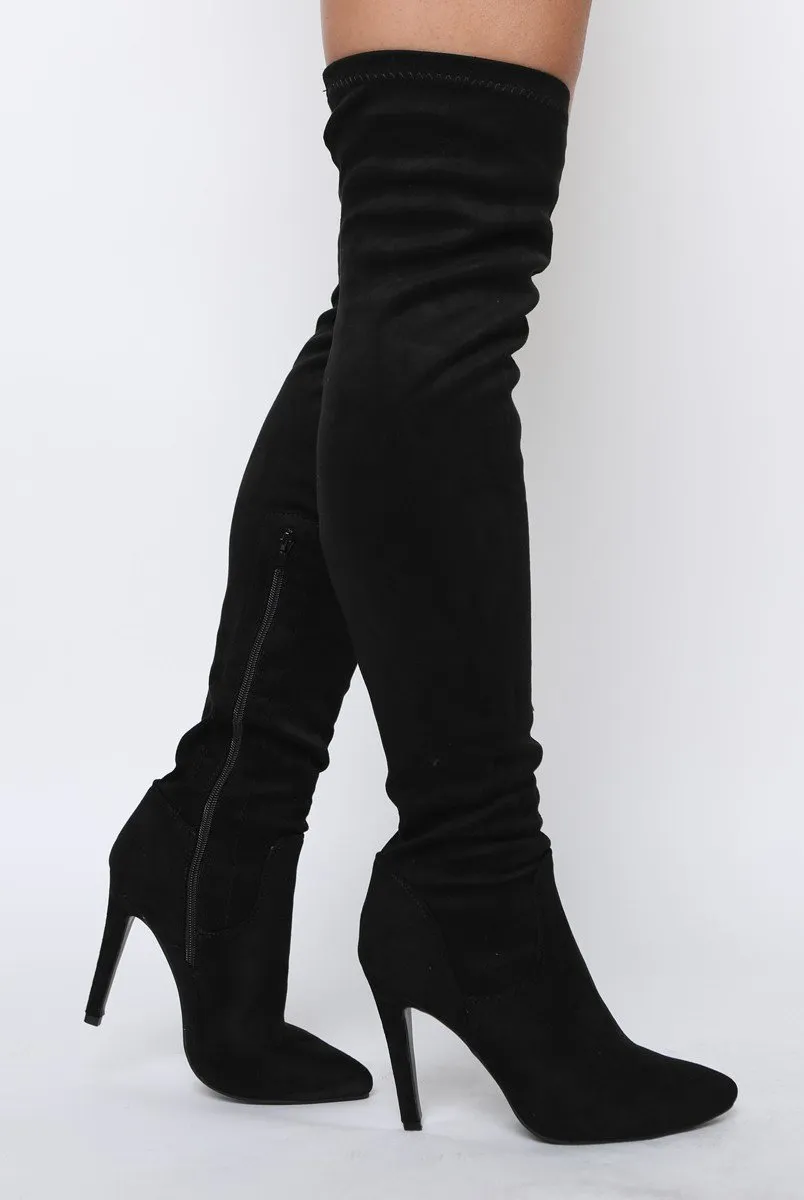 Black Suede Stiletto Heel Over The Knee Boots - Kaira