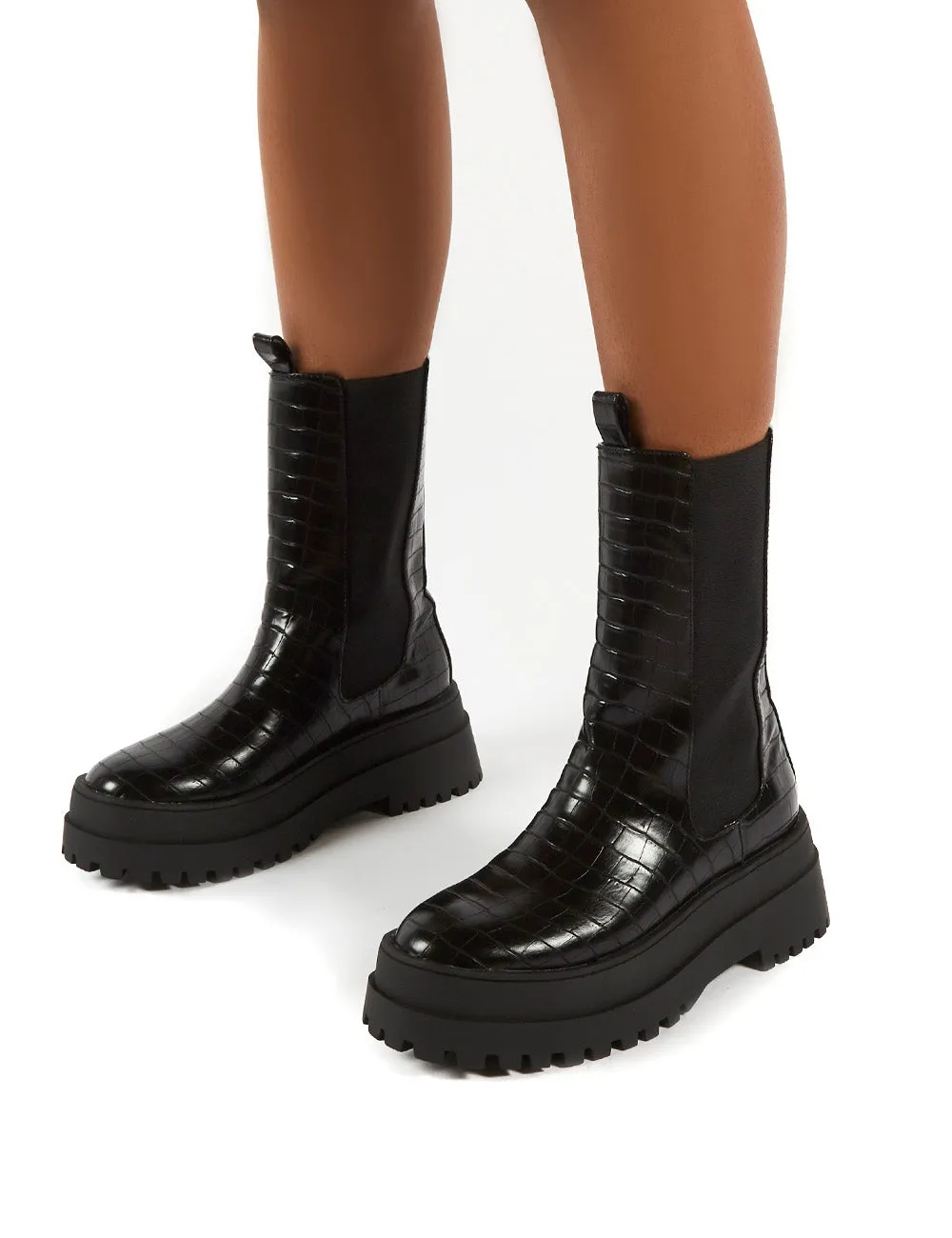 Blame Black Croc Chunky Sole Calf High Boots