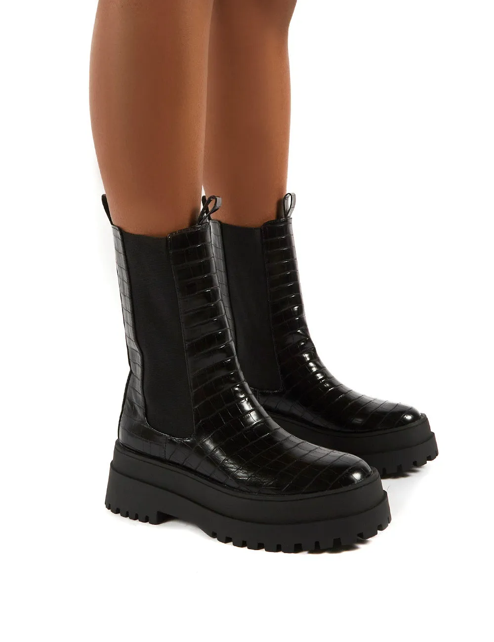 Blame Black Croc Chunky Sole Calf High Boots