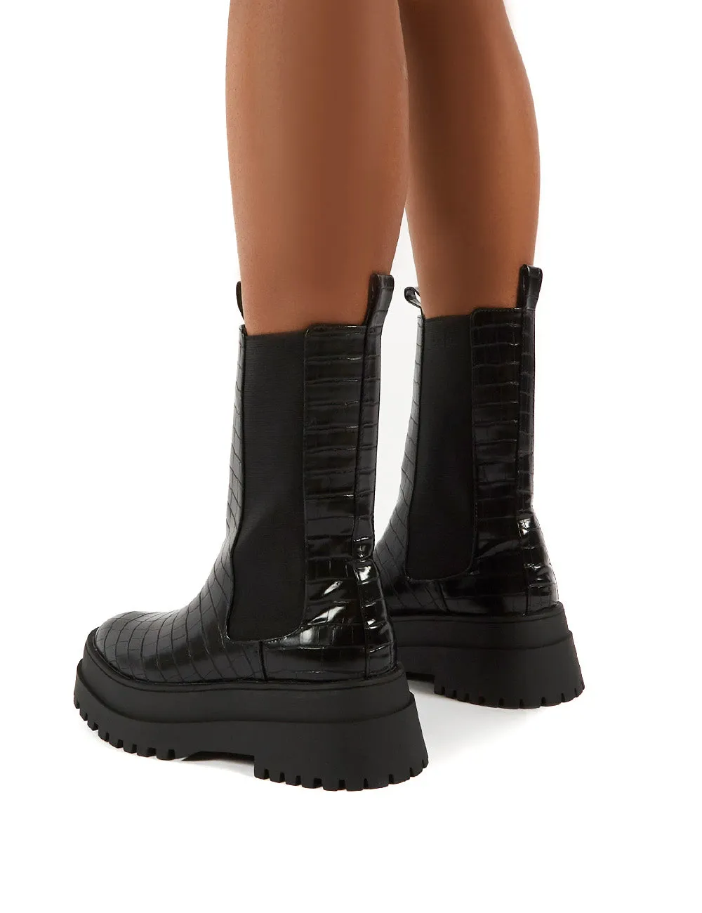 Blame Black Croc Chunky Sole Calf High Boots