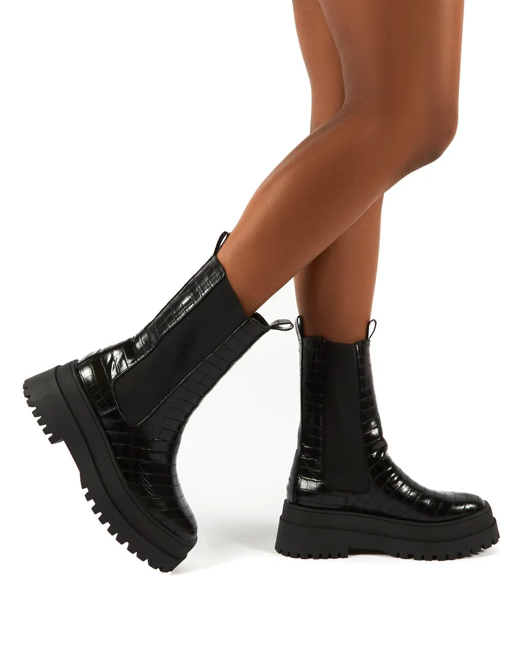 Blame Black Croc Chunky Sole Calf High Boots