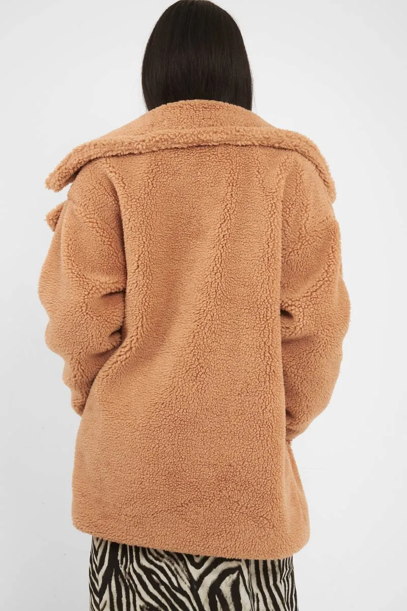 Camel Faux Fur Button Front Teddy Coat - Aamna