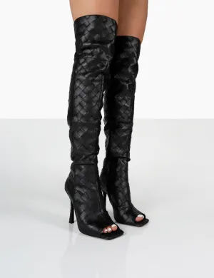 Carlotta Black Open Toe Woven Material Heeled Over The Knee Boots