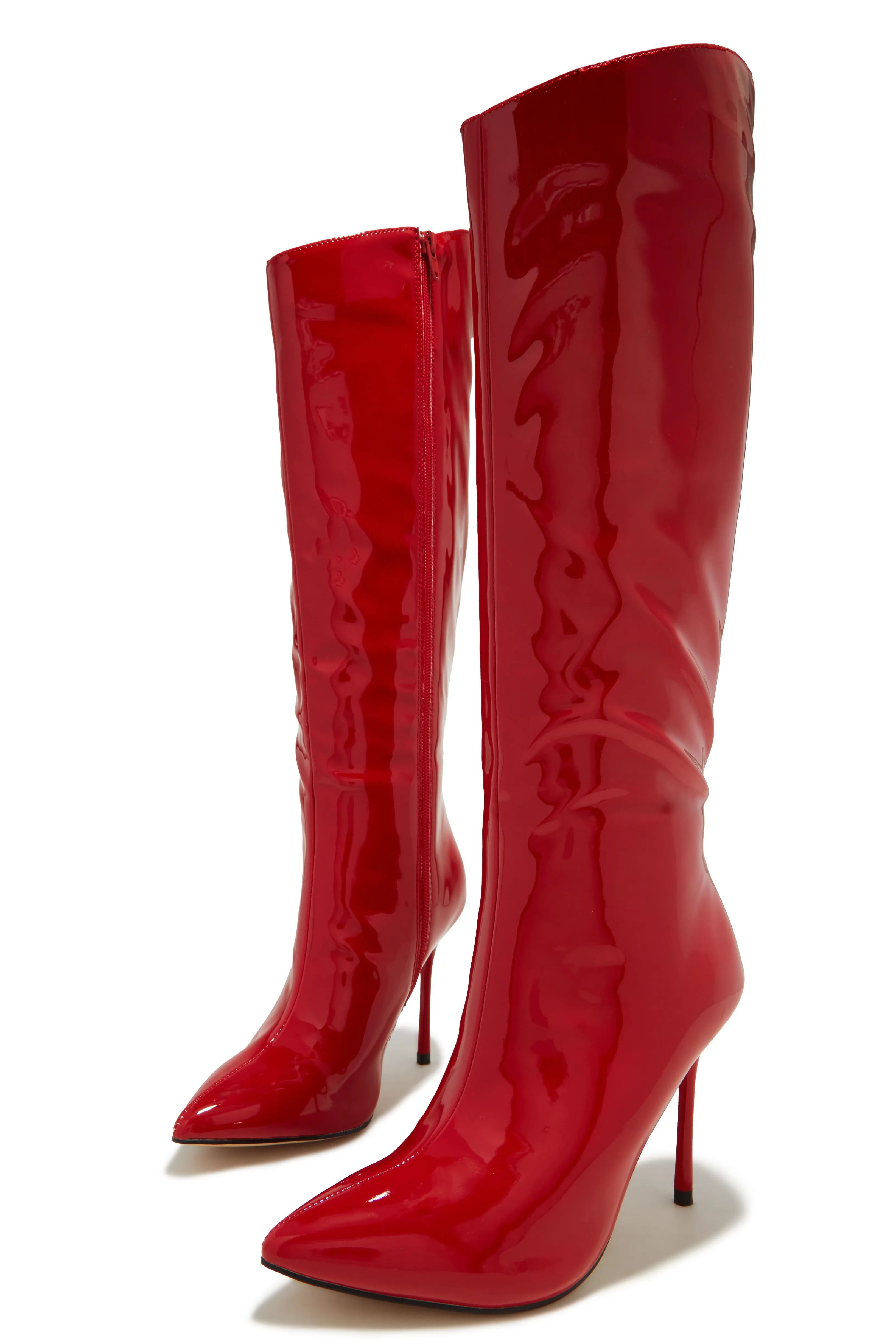 Center Of Attention Asymmetric Knee High Boots - Red