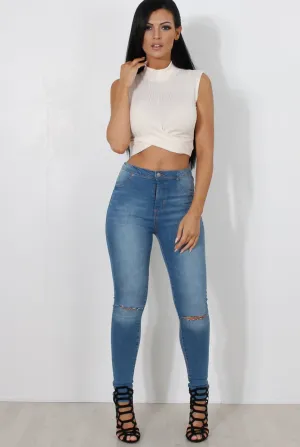 Claron White Ribbed High Neck Crop Top