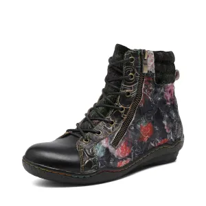 CrazycatZ Womens  Boots Floral Block Heel Leather Western Boots Colorful Leather Boots Black  Floral