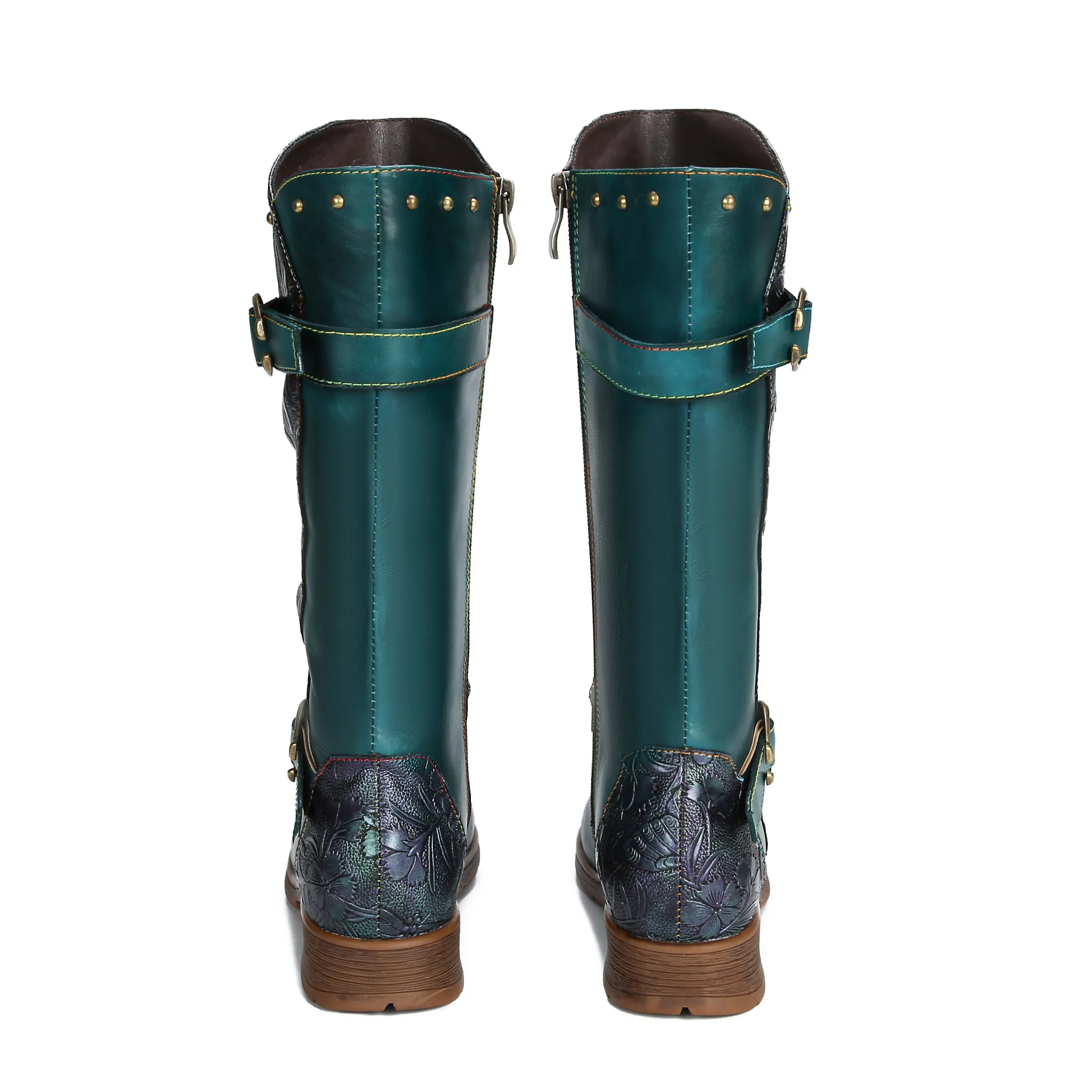 CrazycatZ Womens Leather Bohemian Knee High Boots Patterned Long Boots Vintage Boots Green