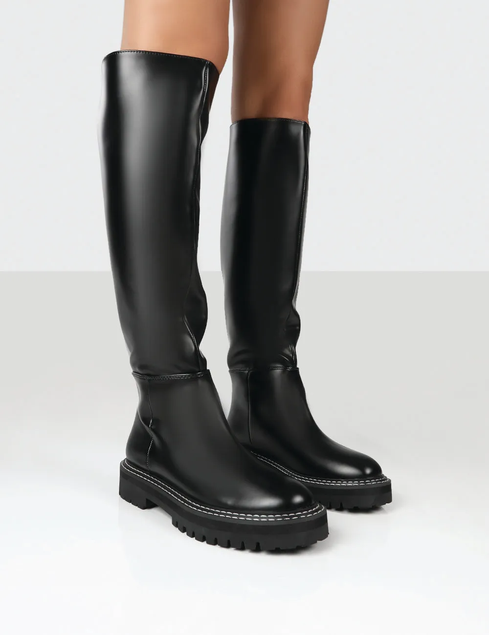 Dana Black Pu Chunky Sole Knee High Boots