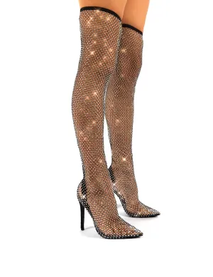 Deal Breaker Wide Fit Black Diamante Fishnet Stiletto Over the Knee High Heels