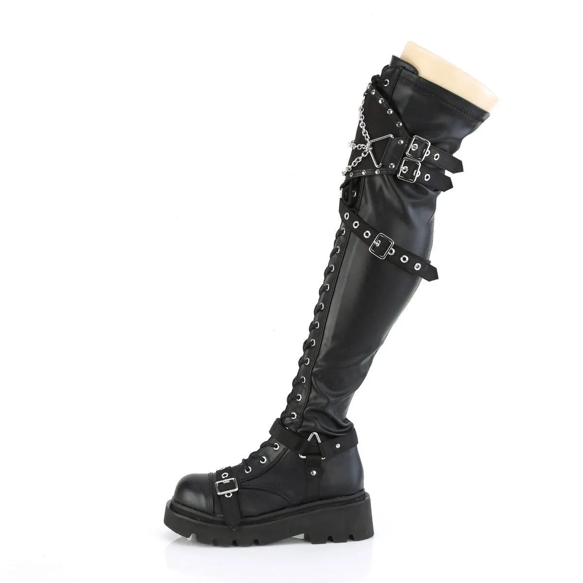 Demonia RENEGADE-320 | Black Stretch V. Leather Above knee Boots