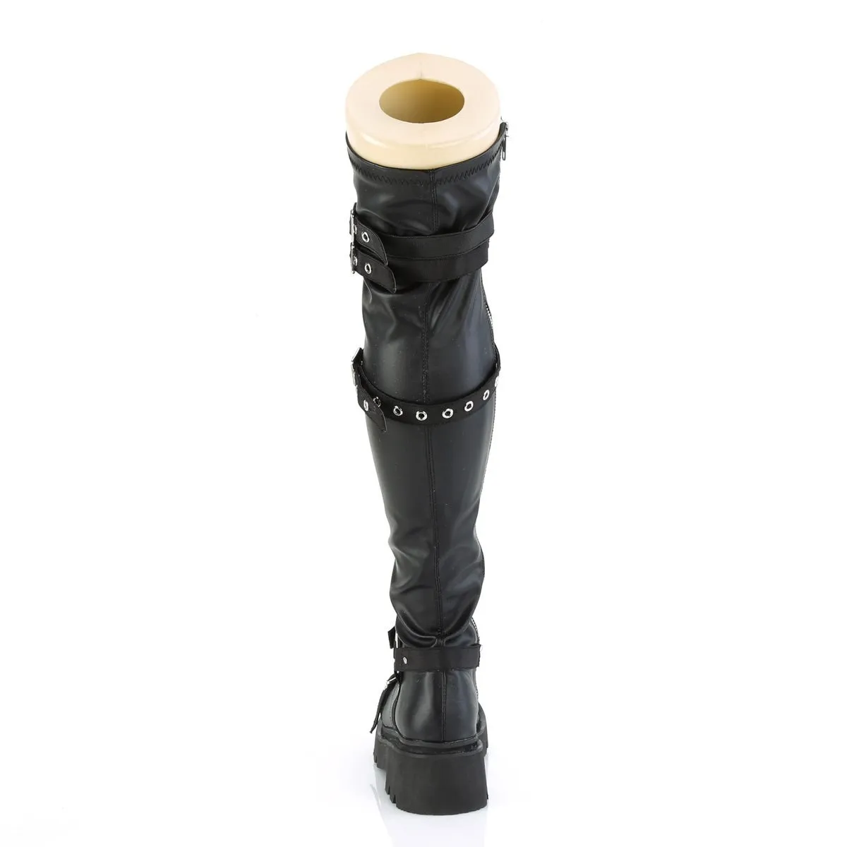 Demonia RENEGADE-320 | Black Stretch V. Leather Above knee Boots