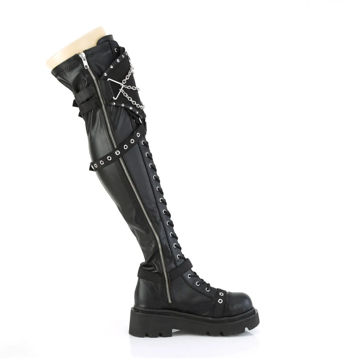 Demonia RENEGADE-320 | Black Stretch V. Leather Above knee Boots