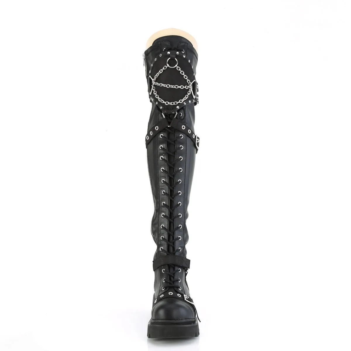 Demonia RENEGADE-320 | Black Stretch V. Leather Above knee Boots