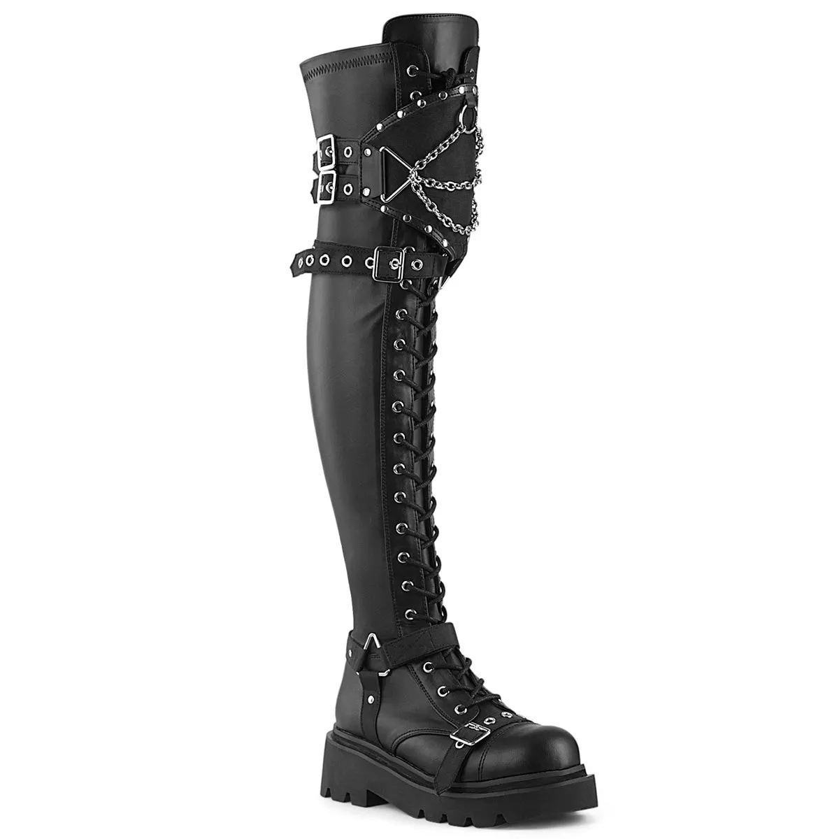 Demonia RENEGADE-320 | Black Stretch V. Leather Above knee Boots