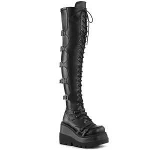 Demonia SHAKER-350 | Black Stetch Vegan Leather Above Knee Boots