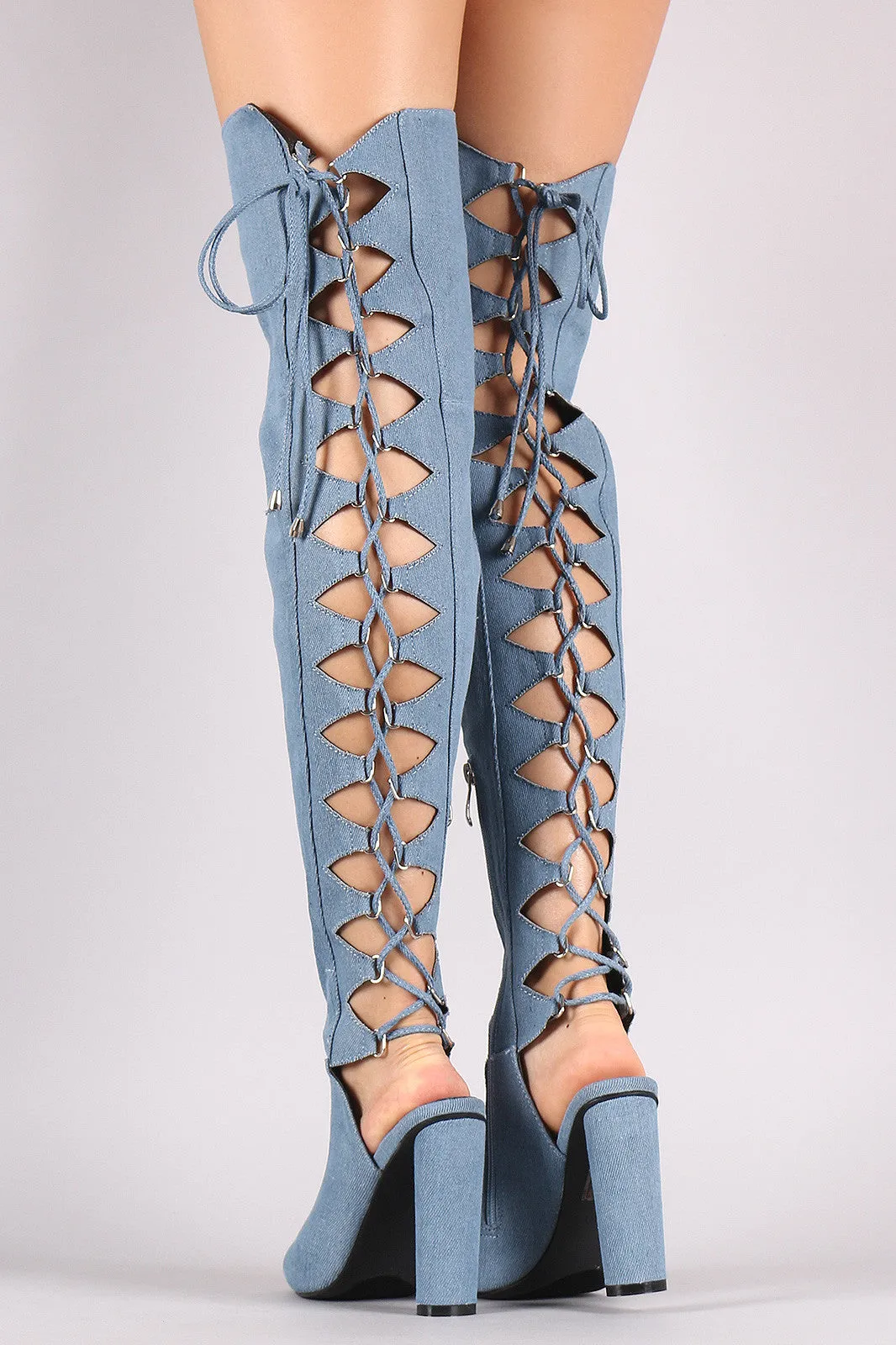 Denim Back Lace Up Chunky Heeled Over-The-Knee Boots