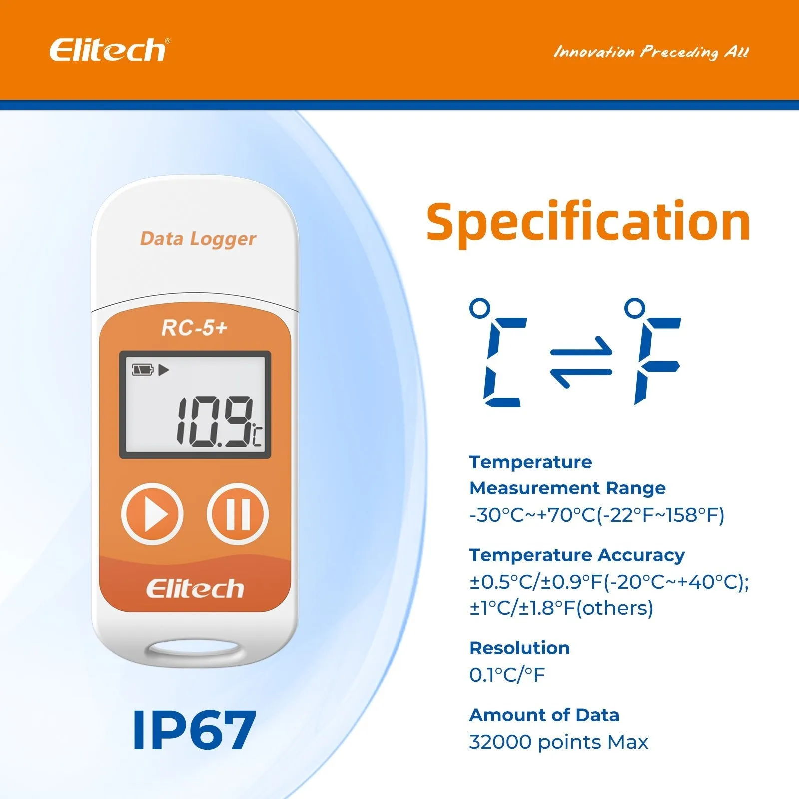 Elitech RC-5  Reusable USB Temperature Data logger with Auto PDF Report