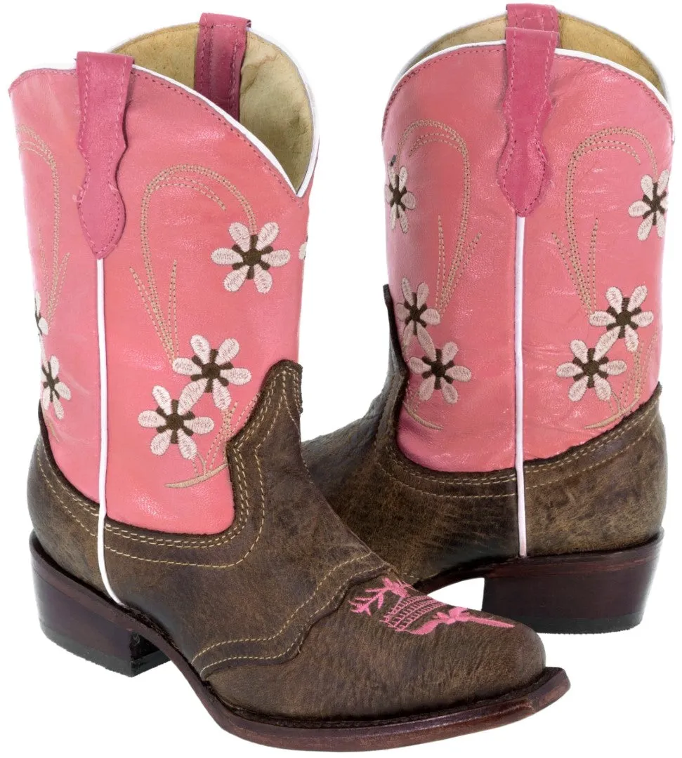 Girls Kids Pink 2 & Brown Floral Embroidered Cowgirl Boots Snip Toe