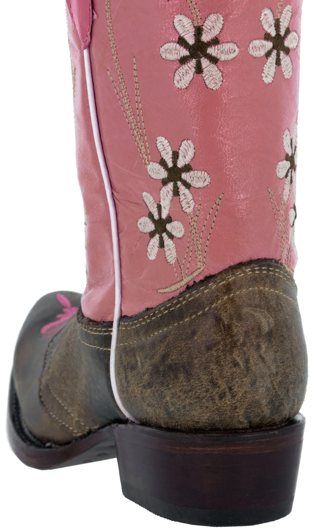 Girls Kids Pink 2 & Brown Floral Embroidered Cowgirl Boots Snip Toe