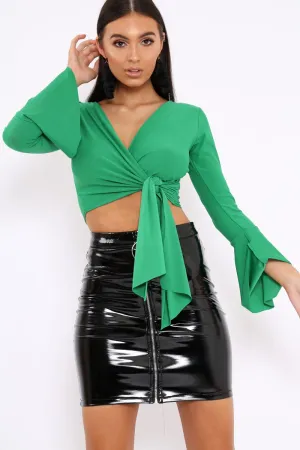 Green Wrap Over Tie Front Flare Sleeves Crop Top - Rabab