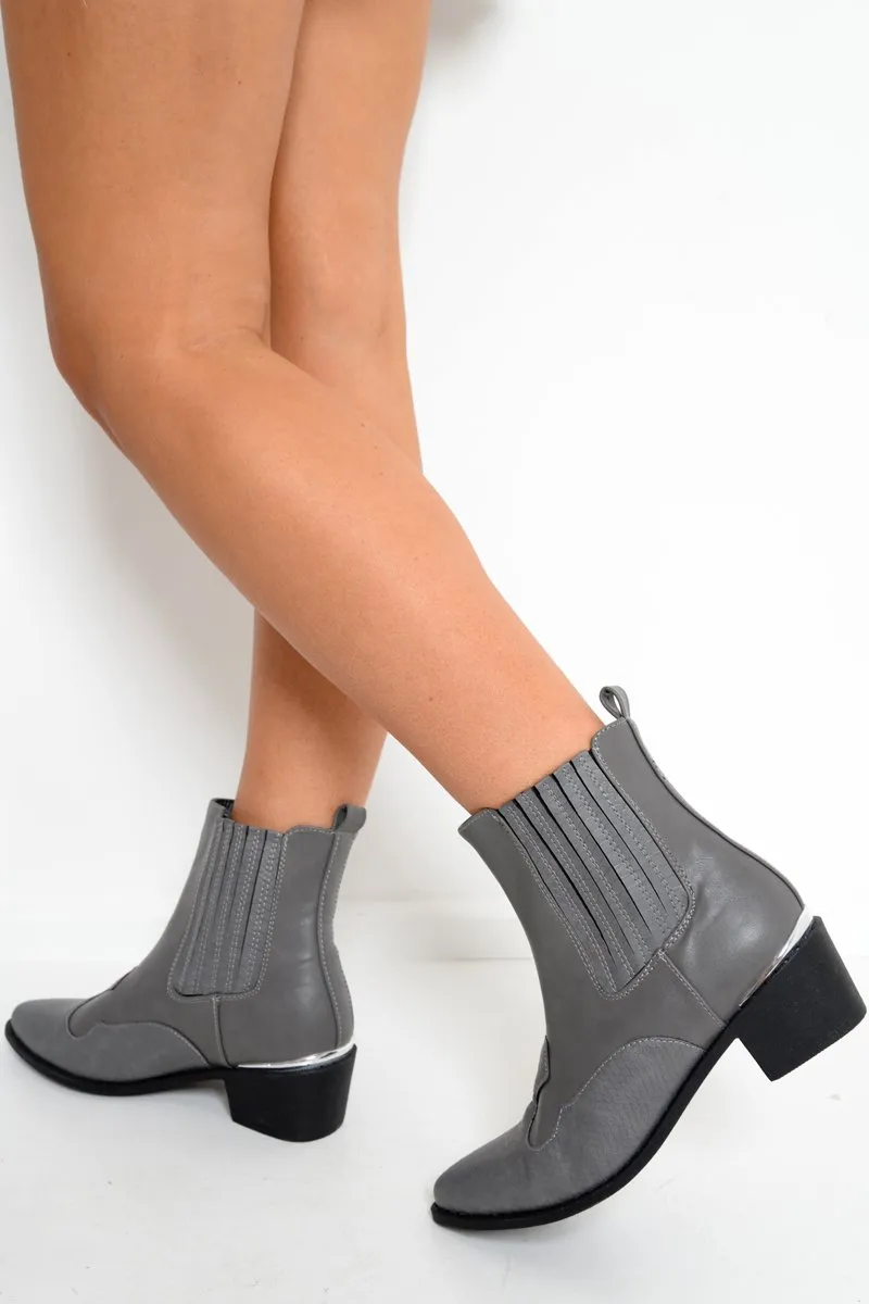 Grey PU Cowboy Ankle Boots - Keko