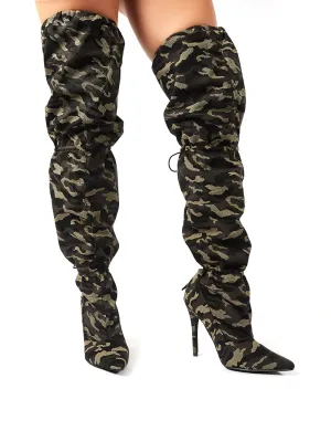 Harem Camo Stiletto Heeled Over the Knee Boots