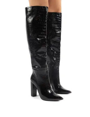 Indigo Black Croc Block Heeled Knee High Boots