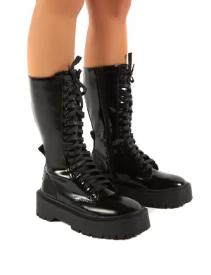 Kendall Smooth Black PU Lace Up Chunky Knee High Boots