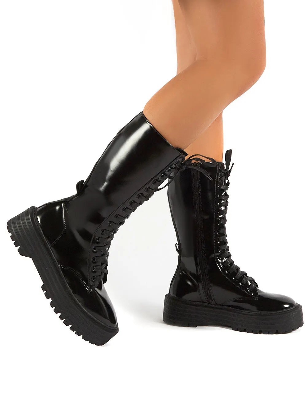 Kendall Smooth Black PU Lace Up Chunky Knee High Boots