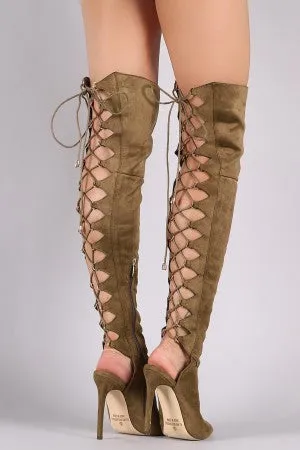 Lui - Corset Back Peep Toe Stiletto OTK Boots