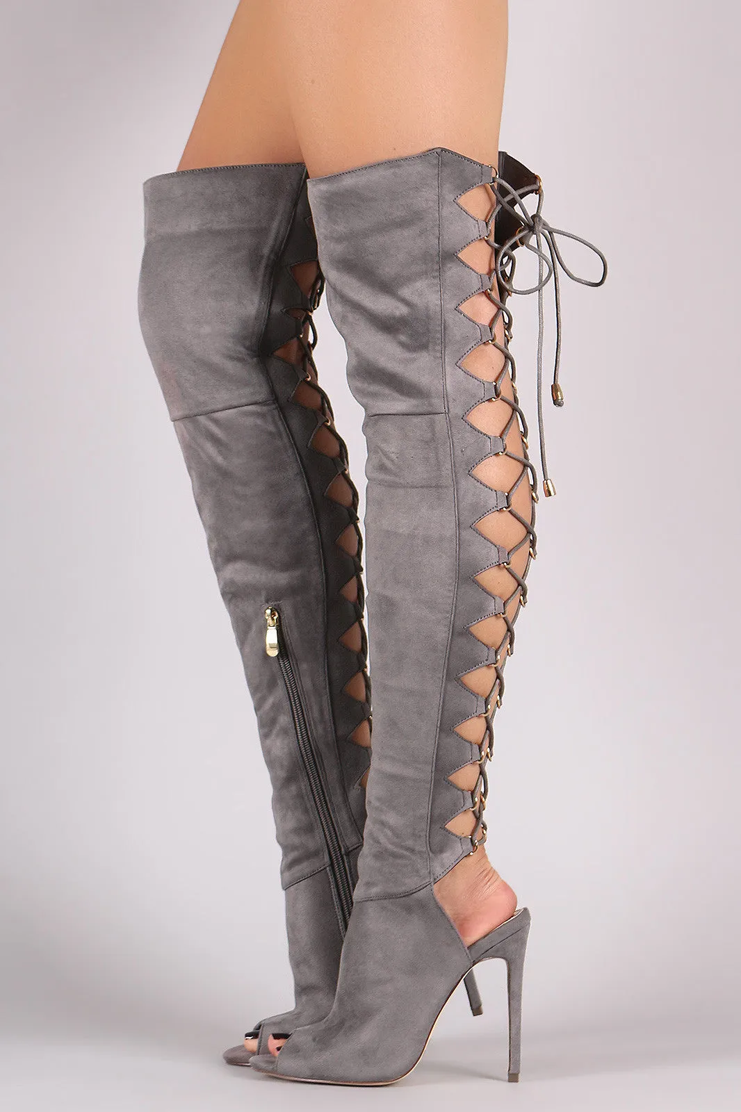 Lui - Corset Back Peep Toe Stiletto OTK Boots