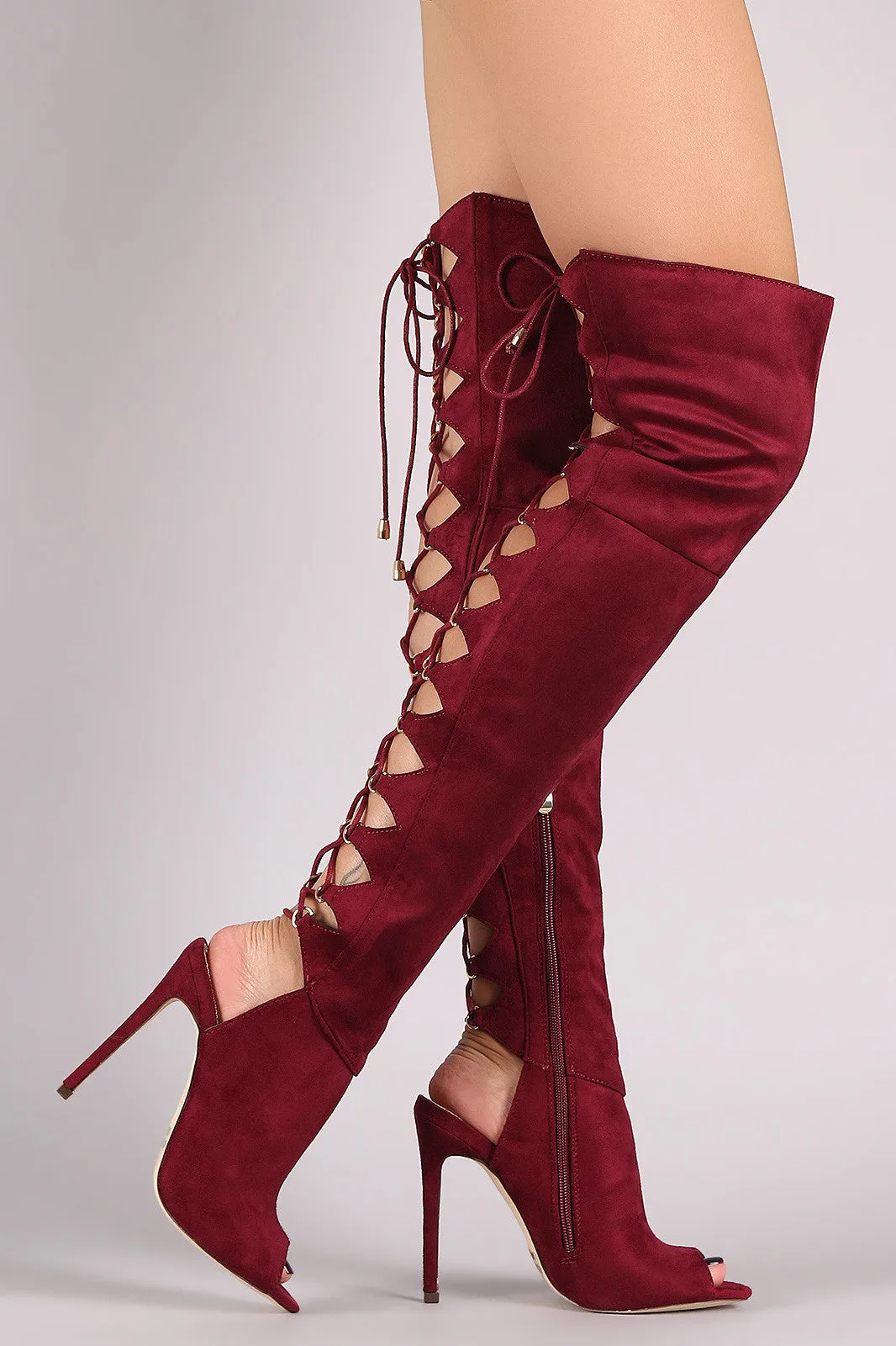 Lui - Corset Back Peep Toe Stiletto OTK Boots