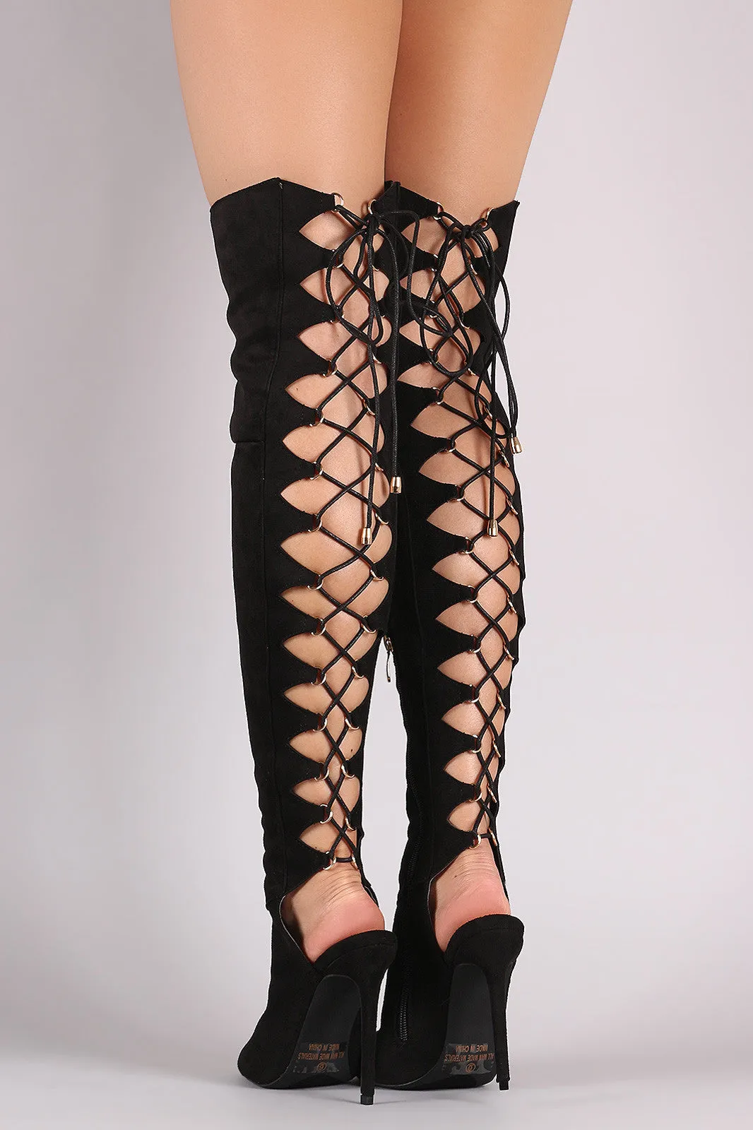 Lui - Corset Back Peep Toe Stiletto OTK Boots