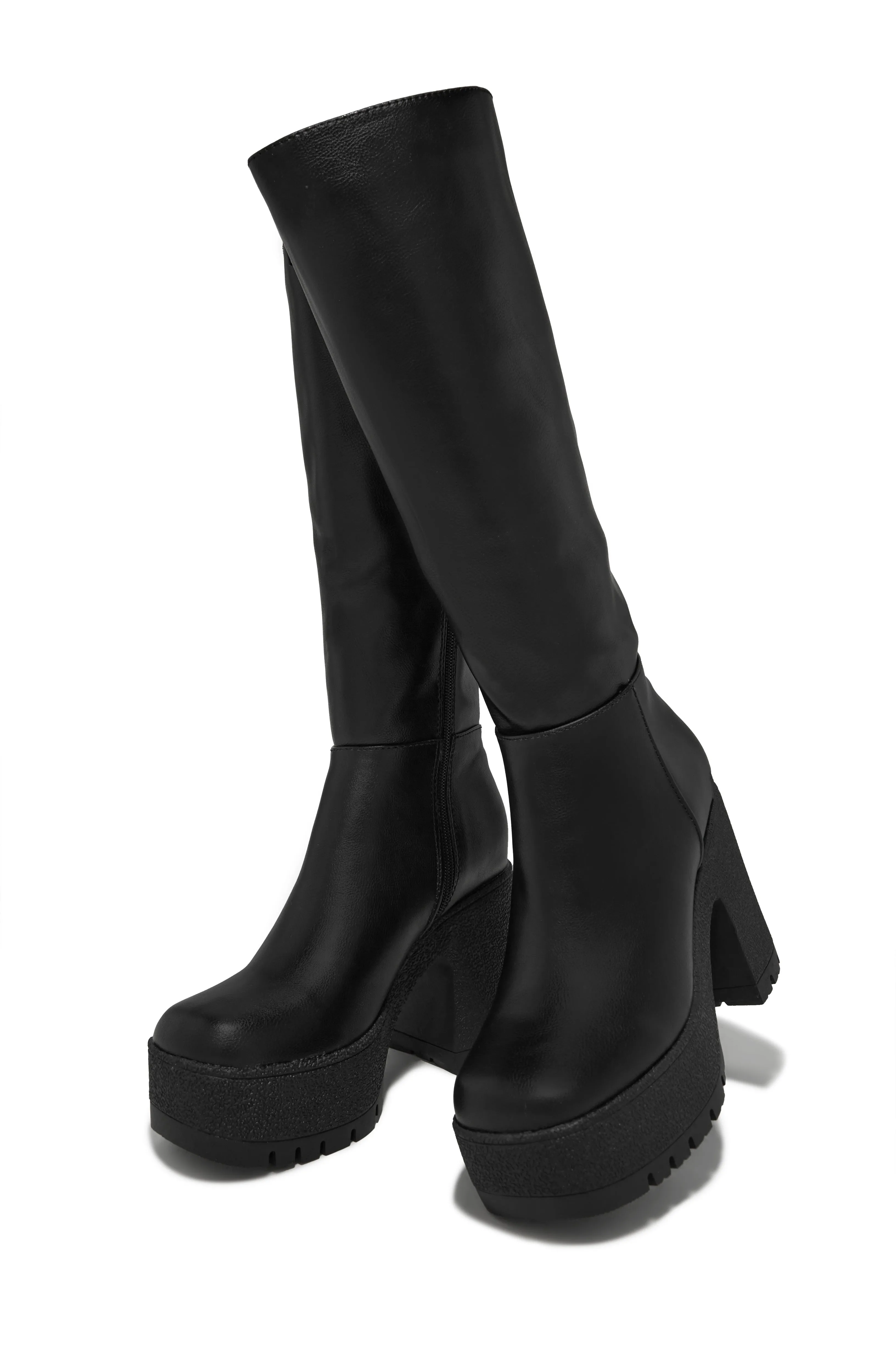 Maddie Block Heel Platform Knee High Boots - Black