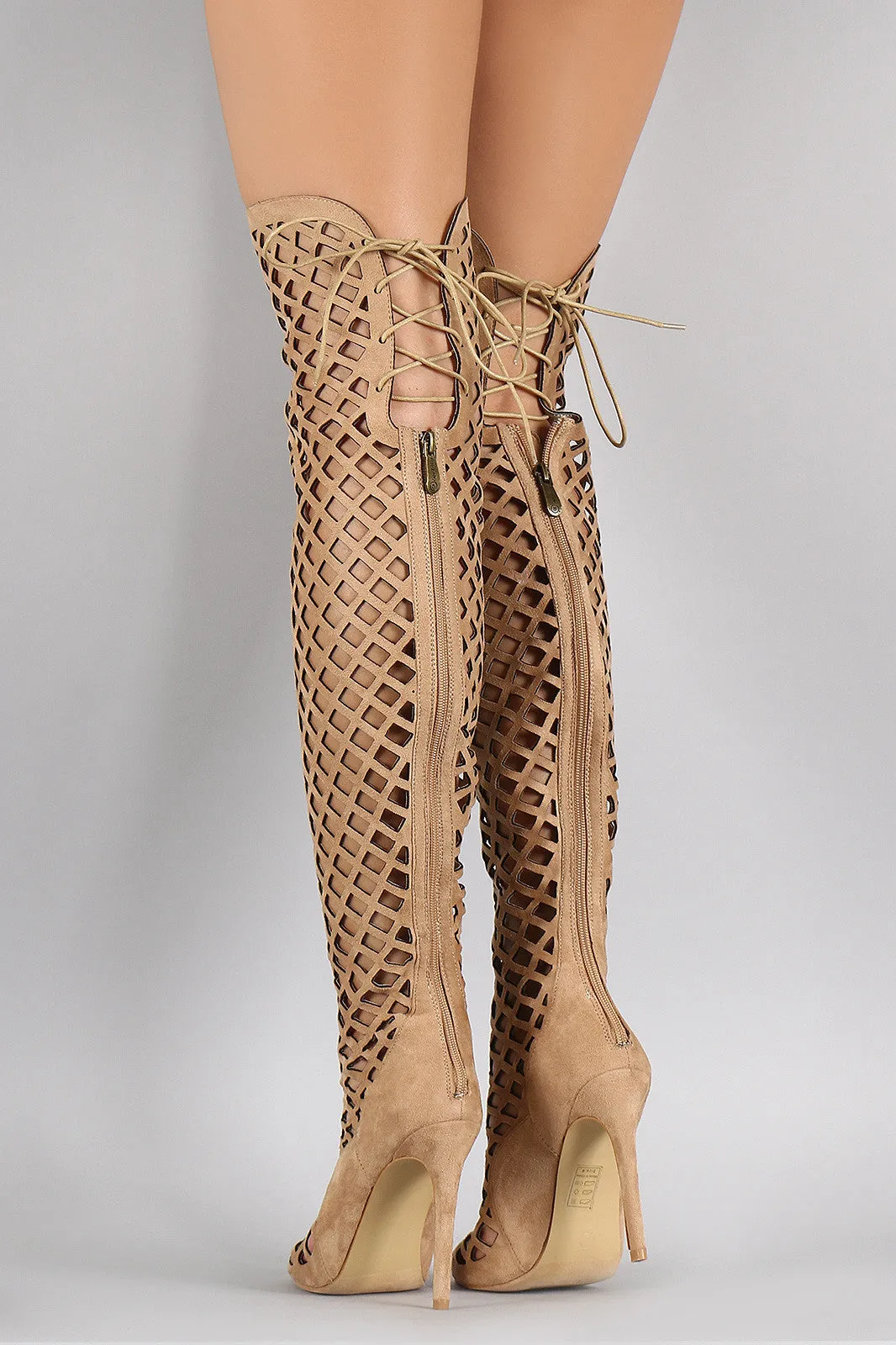 Myra - Suede Geometric Cutouts Peep Toe Stiletto Over-The-Knee Boots