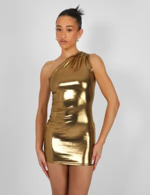 One Shoulder Ruched Metallic Mini Dress Gold