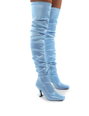 Outlaw Blue Ruched Over The Knee Heeled Boots