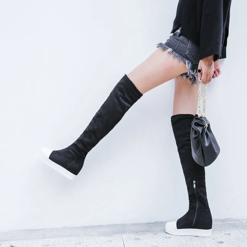 patchwork flat heel over the knee boots