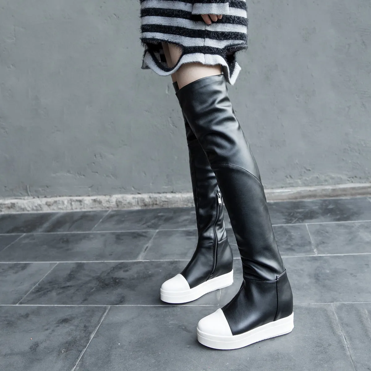 patchwork flat heel over the knee boots